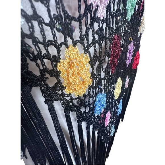Black Boho Crochet Floral Aurora Borealis Crystal Accent Fringed Poncho - Picture 5 of 7